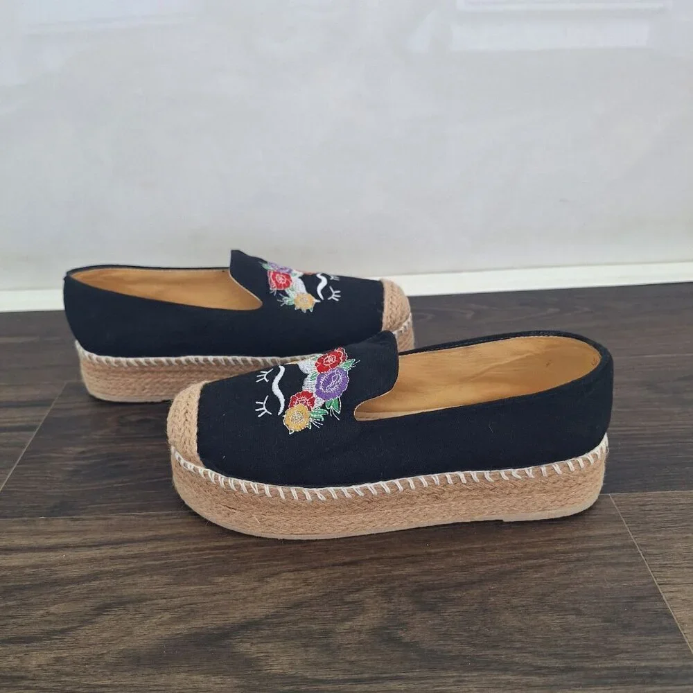 💙 Carlo Cambuston Natural Materials Slip Espadrilles Platform Embroidered Size